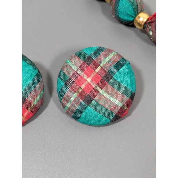 VTG Christmas Green Red Plaid Ribbon Tie Necklace Earring Set 26 in Pierced - Picture 4 of 7